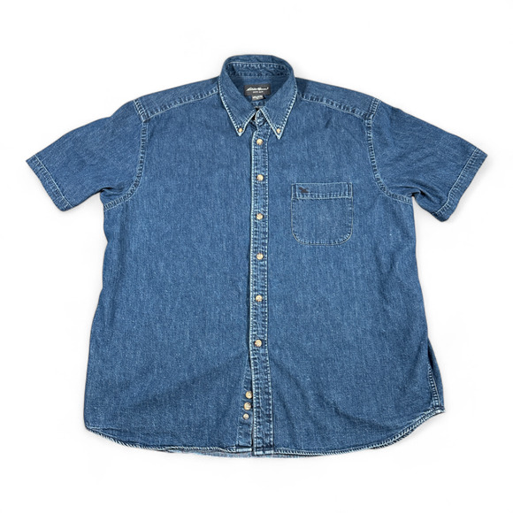 Vintage Eddie Bauer Shirt Adult EXTRA LARGE Blue Denim Jean Dark Wash 90s - Picture 1 of 9